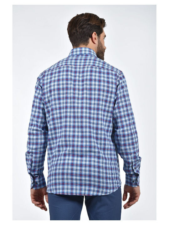 Martin & Co Men's Shirt Long Sleeve Linen Checked Blue Checkered