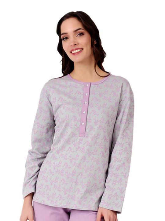 Lydia Creations Winter Damen Baumwolle Pyjama-Oberteil Grey/purple