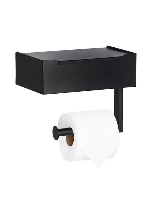 Suport de hârtie igienică din oțel cu sertar de depozitare, sistem de montare inclus, 22cm, negru bej
