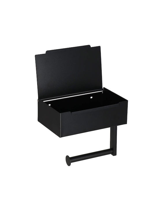 Suport de hârtie igienică din oțel cu sertar de depozitare, sistem de montare inclus, 22cm, negru bej