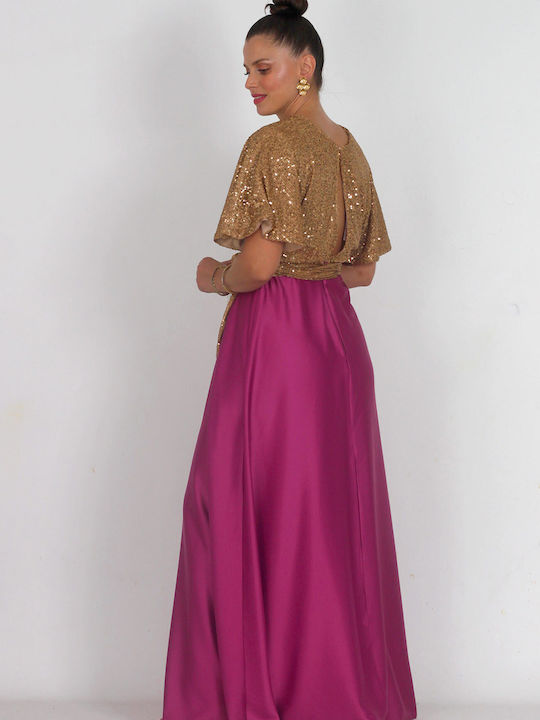 Shine 2gether Maxi Evening Dress Satin Open Back Fuchsia