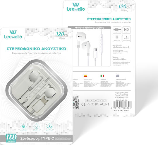 Lw-e08 Typ-C Flachkabelgebundene Stereo-Ohrhörer Weiß 1,2m