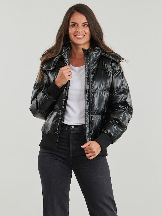 Women's Short Puffer Jacket for Winter with Hood Metallic