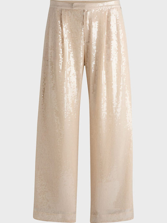 Women's Fabric Trousers Relaxed Fit Ecru with Sequins