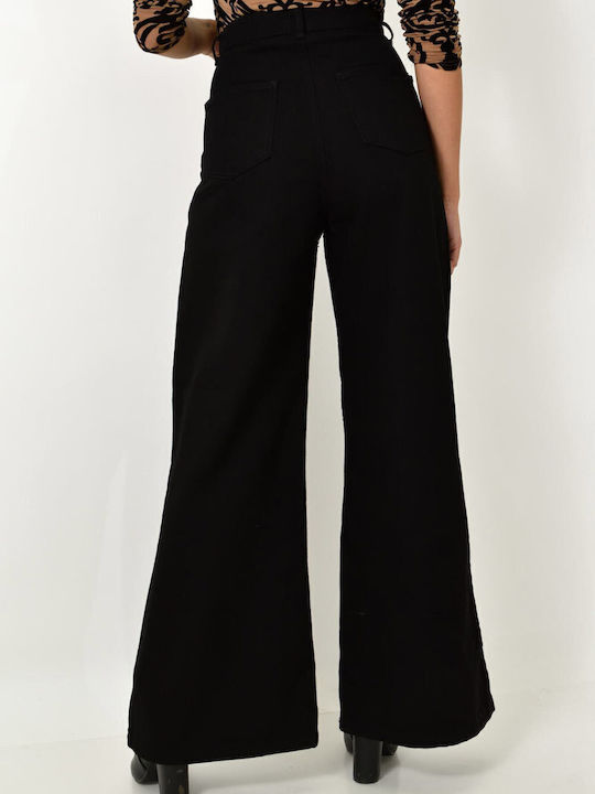 Hoch tailliert Damenjeans Schlaghose in Schlanker Passform Schwarz