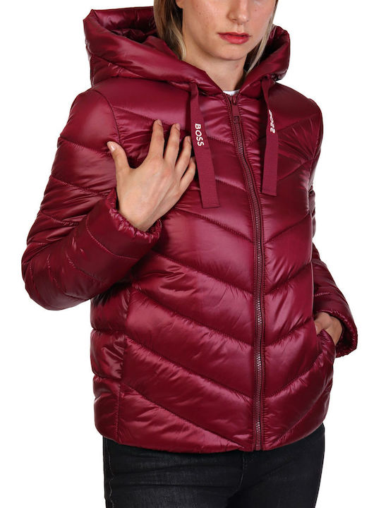 Hugo Boss Women's Short Puffer Jacket for Winter Burgundy