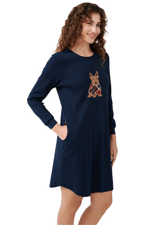 Vamp Winter Cotton Women's Nightdress Dark Blue