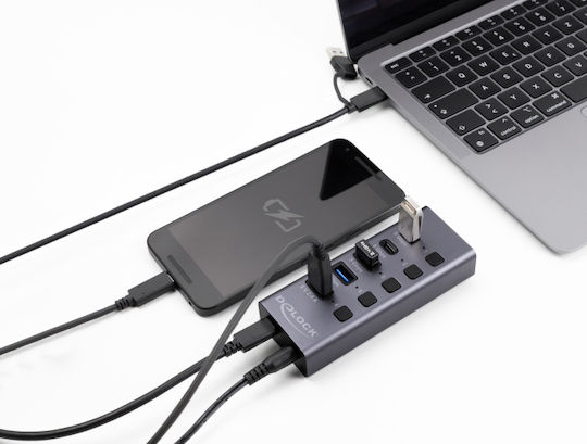 DeLock USB 3.0 Hub 5 Anschlüsse mit USB-A / USB-C Verbindung und Externe Stromversorgung Gray