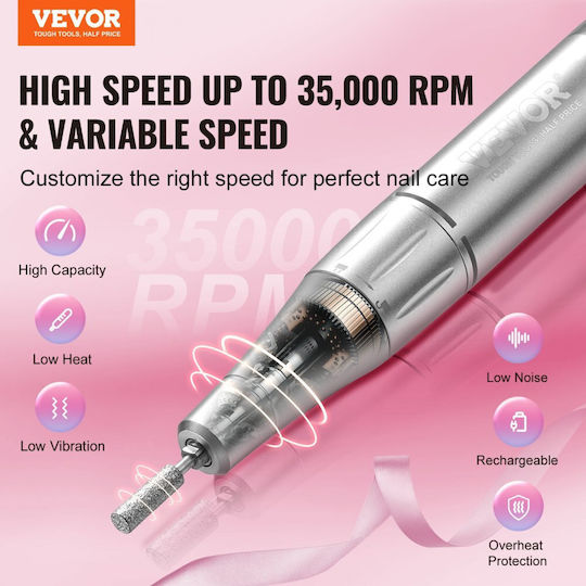 Vevor Τροχός Νυχιών Μπαταρίας 10W Λευκός με 35000 Στροφές ανά Λεπτό