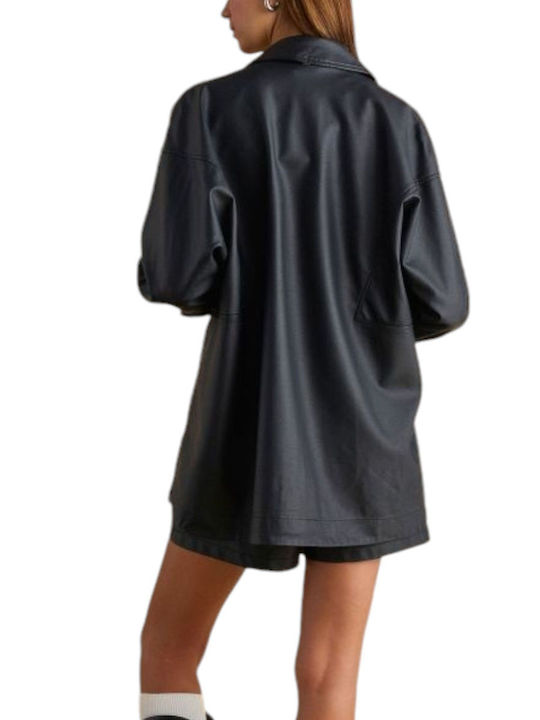 Attrattivo Women's Leather Long Overshirt with Buttons Black