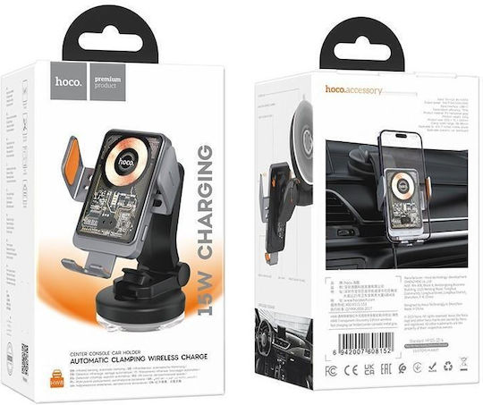 Hoco HW8 Car Mobile Mount 4.5" - 7" with Adjustable Hooks and Wireless Charging Metal Gray