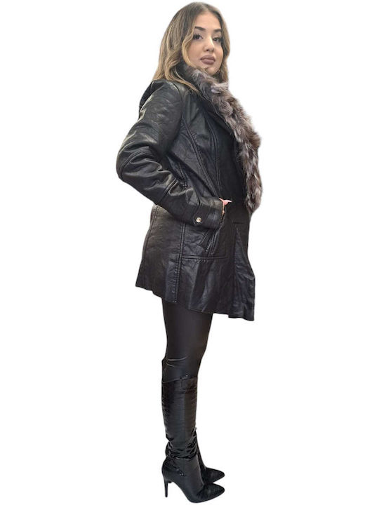 Remix Women's Long Biker Artificial Leather Jacket for Winter Black