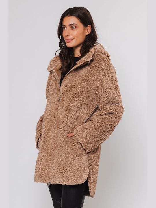 Rino&Pelle Women's Short Lifestyle Suede Jacket Double Sided for Winter with Hood Brown