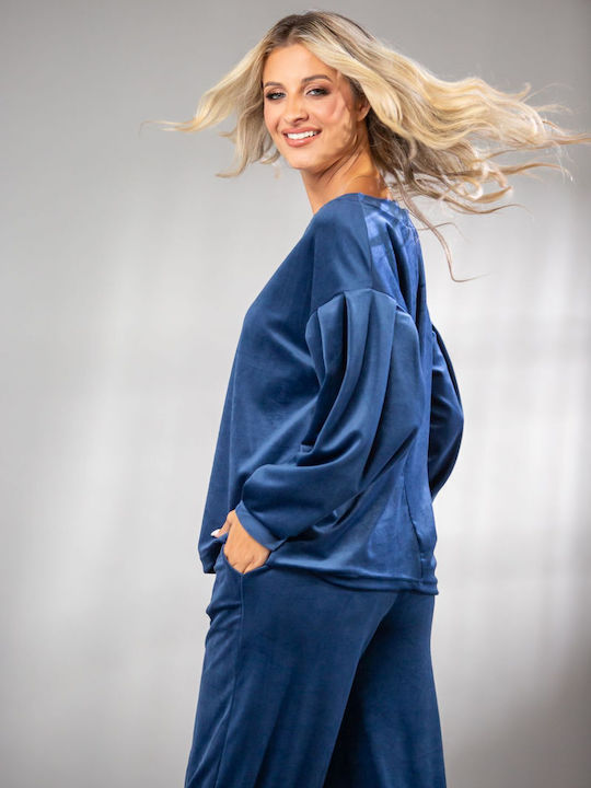 Damen Bluse Samt Blue