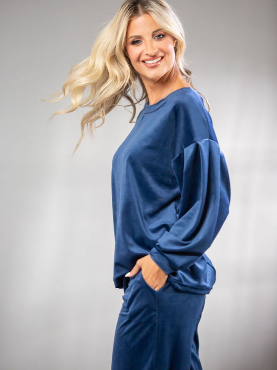 Damen Bluse Samt Blue