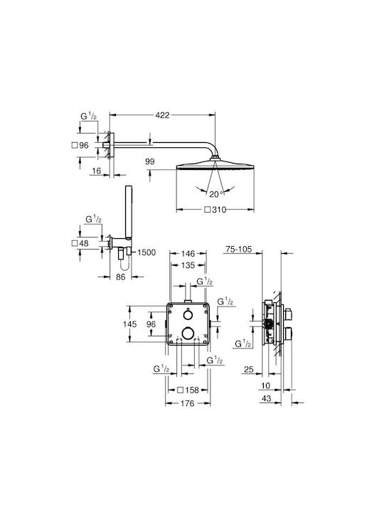 Grohe Grohtherm Rainshower Mono 310 Cube Duschsystem Eingebauter Thermostatmischer Innenkörper Duschkopf Handbrause Zubehör