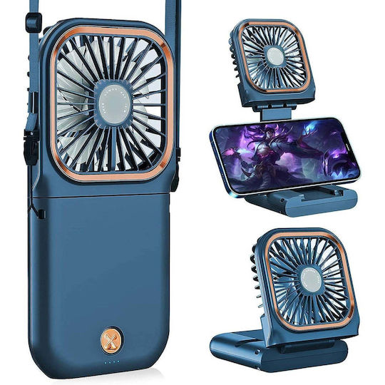 Portable Flippy Fan 3 In 1 Handheld Neck Desk 16.7 X 8 X 1.9 Cm 3 Speed Levels Usb Charging Foldable Digital Display Phone Holder Blue