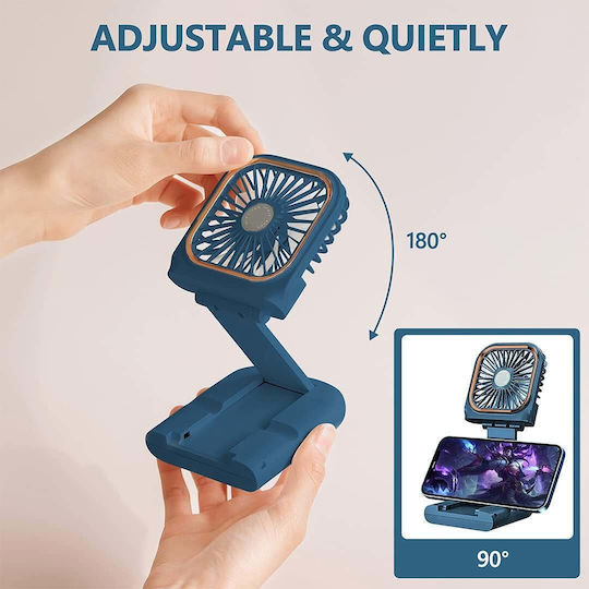 Portable Flippy Fan 3 In 1 Handheld Neck Desk 16.7 X 8 X 1.9 Cm 3 Speed Levels Usb Charging Foldable Digital Display Phone Holder Blue