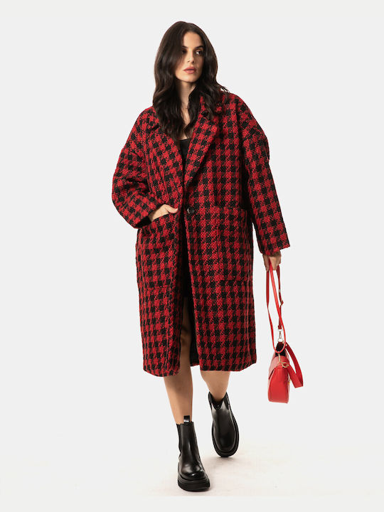 Women's Checked Red Coat Oversized with Buttons