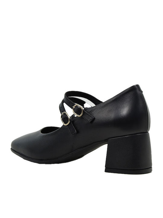Leder Pumps mit Riemchen & mittelhoher Absatz Schwarz