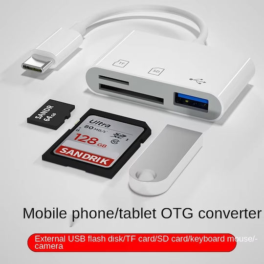 3 In 1 Type C To USB Card Reader Type-C for SD/microSD White