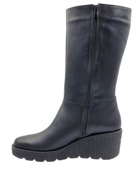 Leder Damenstiefel mit mittlerem Absatz Schwarz