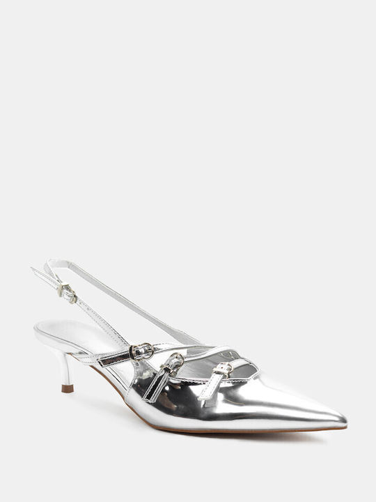 Luigi Synthetic Leather Pointed Toe Silver Medium Heels with Strap