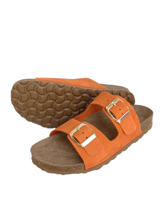 Δερμάτινα Γυναικεία Ανατομικά Σανδάλια Flatforms Πορτοκαλί