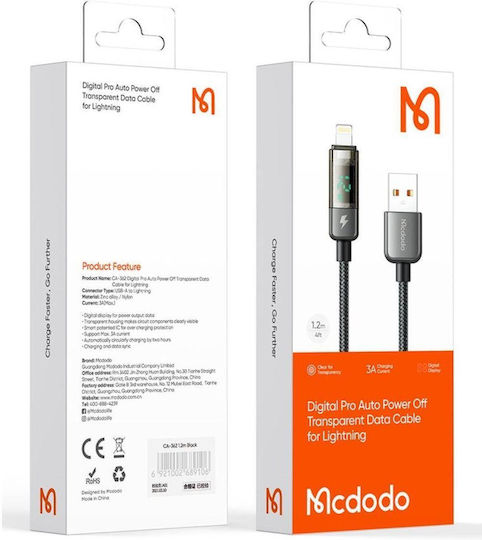 Mcdodo Cable Usb To Lightning Display Auto Power Off Fast Charging 1.2m Black