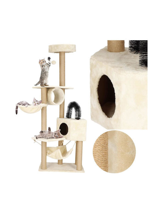 Ansamblu de Joacă pentru Pisici cu Stâlp de Scratching, Loc de Ascuns, Pat, Hamac, Minge 154cm Crem