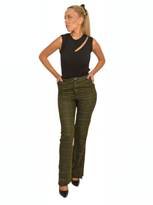 Morena Spain Women's Fabric Trousers in Regular Fit Checked khaki