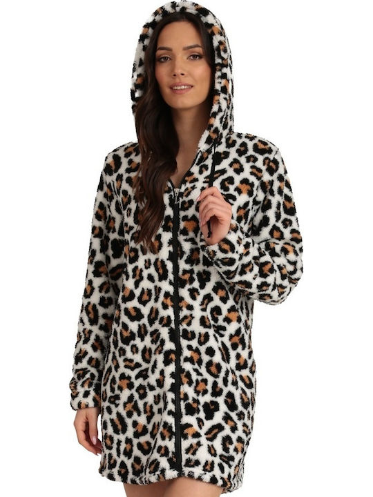 Lydia Creations Χειμερινή Γυναικεία Fleece Ρόμπα Animal Print