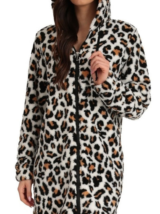 Lydia Creations Χειμερινή Γυναικεία Fleece Ρόμπα Animal Print