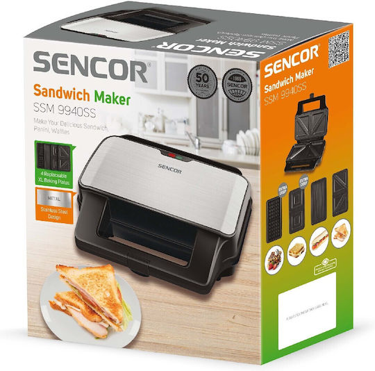 Sencor Sandwich Maker cu Plăci Detasabile pentru for 2 Sandwiches Sandvișuri 900W Inox