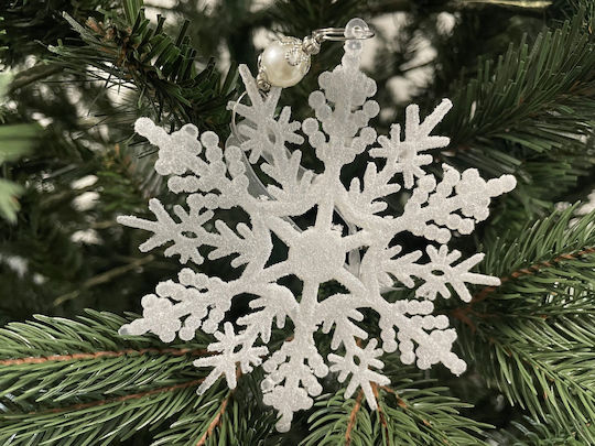 Hängendes Schneeflocke Ornament Kunststoff Weiß mit Glitzer