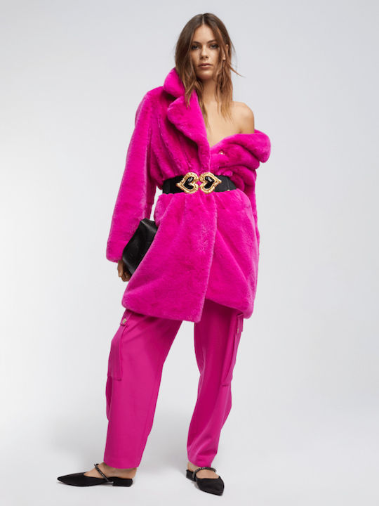 Damen Fuchsia Mantel mit Fellbesatz
