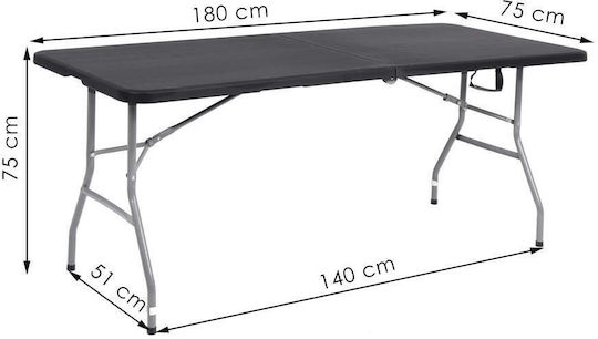 Outdoor Dinner Foldable Table with Plastic Surface and Metal Frame Black 180x75x75cm