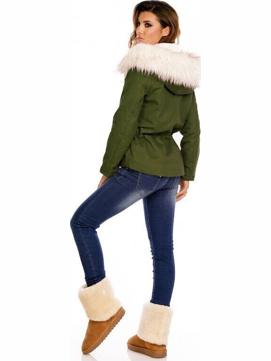 Women's Short Lifestyle Jacket for Winter Khaki-white