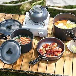 Queta 5124620 Camping Cookware Set 10 Pieces Portable Tableware Set Aluminum No Bra Cooking Outdoor Set FDA Certification Consisting of Pot Pan Kettle Various Cooking Accessories Ideal for Travel Camping Caravans