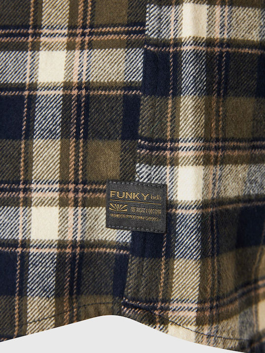 Long Sleeve Flannel Overshirt Regular Fit Checked Khaki