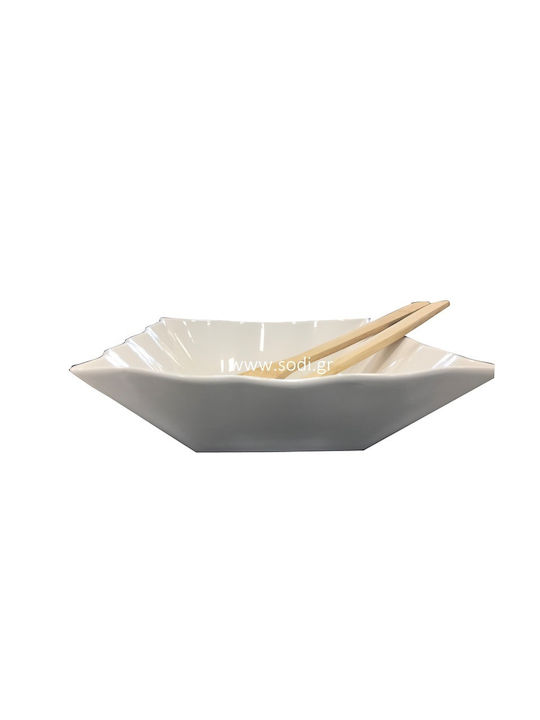 Cryspo Trio Square Porcelain Salad Bowl with Salad Spoons White 28x28x10cm 3pcs
