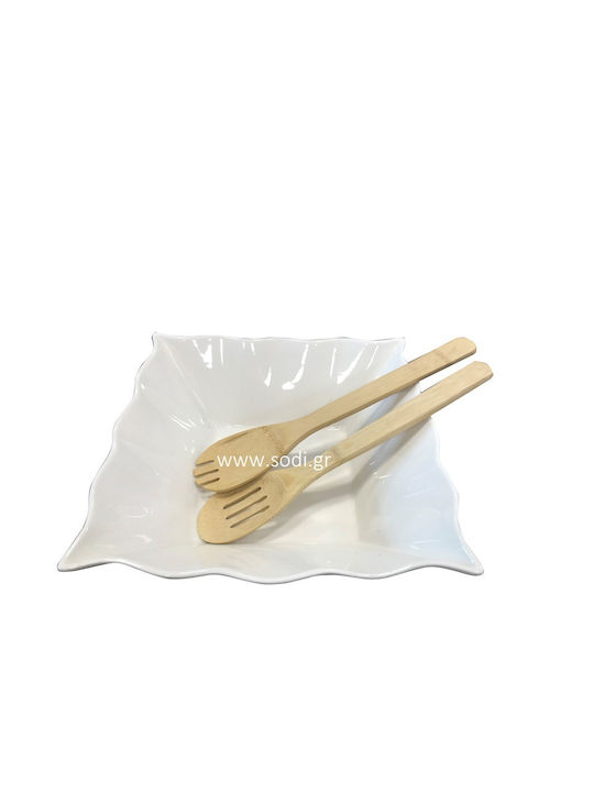 Cryspo Trio Square Porcelain Salad Bowl with Salad Spoons White 28x28x10cm 3pcs