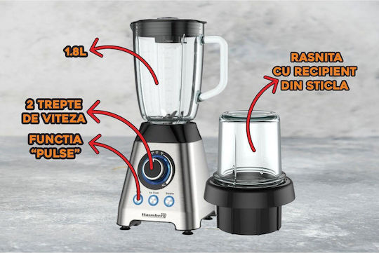 Hausberg Μπλέντερ με Γυάλινη Κανάτα 1.8 lt 1200W Inox HB7764