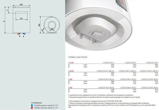 Ariston Lydos Boiler termoelectric 80lt Sticlă Vertical 3kW