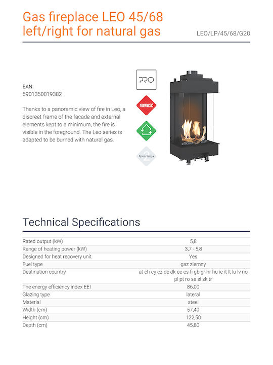 Kratki Leo LP 45 68 G20 Kaminofen Gas 5.8kW Dreiseitige mit fester Tür