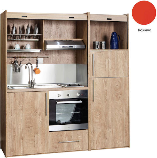 Silver ΚΣ190 Kitchenette with Right Sink Bowl 190x65x204cm Red με Μεγάλο Ψυγείο & Φούρνο