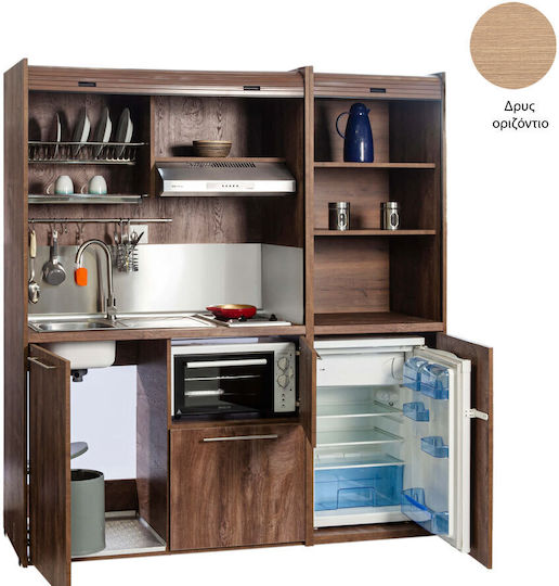 Silver KS190 KS190-FOU-STEJAR-ORIZONTĂ Bucătărie Mică cu Chiuvetă Dreapta 190x65x209cm Stejar Orizontală cu Frigider Mic