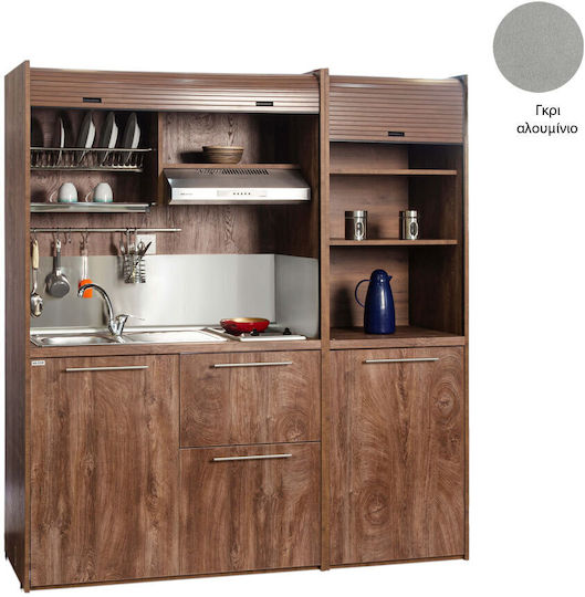 Silver K190 K190-FOU-GRE-Aluminum Kitchenette with Right Sink Bowl 190x65x209cm Gray Aluminum with Small Refrigerator