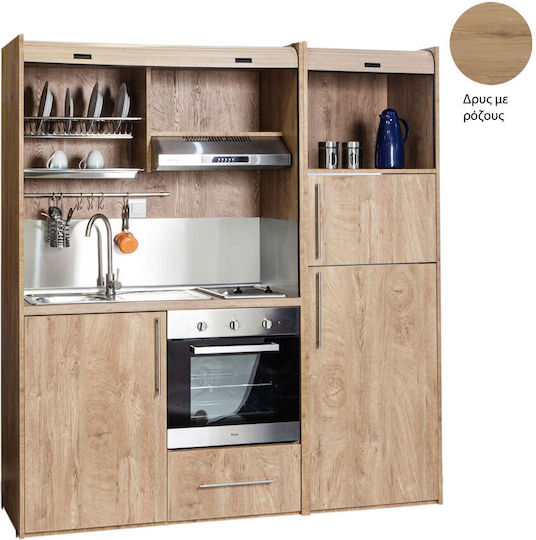 Silver ΚΣ190 Kitchenette with Right Sink Bowl 190x65x204cm Oak με Ρόζους με Μεγάλο Ψυγείο & Φούρνο