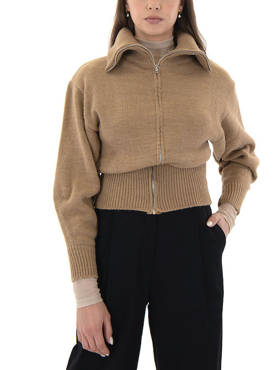 Black n Black Short Women's Knitted Cardigan with Zipper Brown